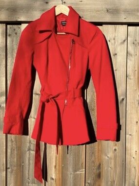 bebe | Peplum True Red 💄 Silver Zip Up Tie-Waist Jacket Coat Rayon & Cotton
